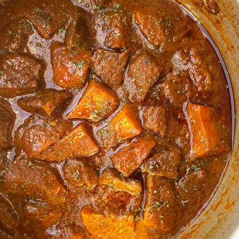 Easy Hungarian Goulash (Gulyas) in Large Pot- Overhead Shot