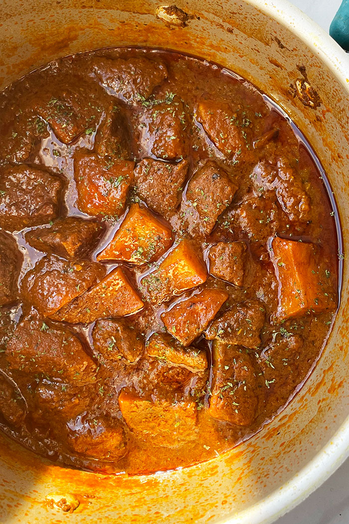 Easy Hungarian Goulash With Beef and Potatoes in Large Pot- Overhead Shot