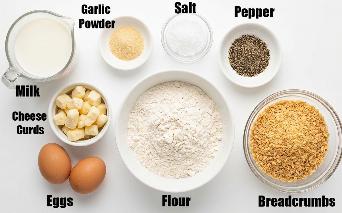 Ingredients for recipe on white background- Spices, milk, cheese, flour, breadcrumbs, eggs.