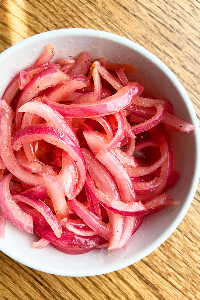Easy Homemade Pickled Onions in White Bowl- Overhead Shot
