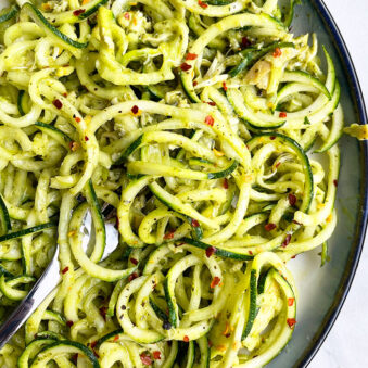 Zucchini Noodles With Pesto Sauce on White Dish With Black Rim