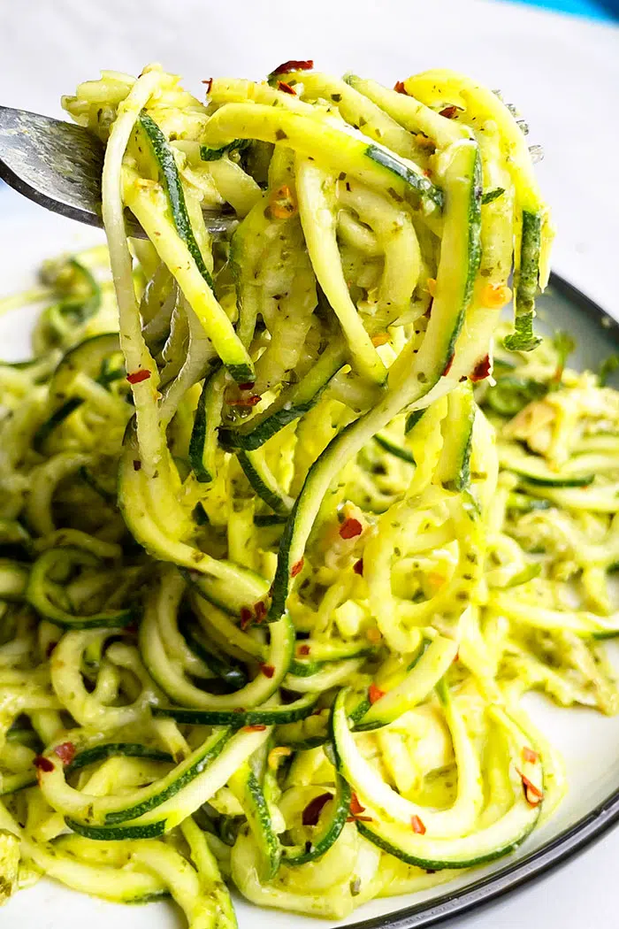 Fork Full of Pesto Zoodles- Closeup Shot