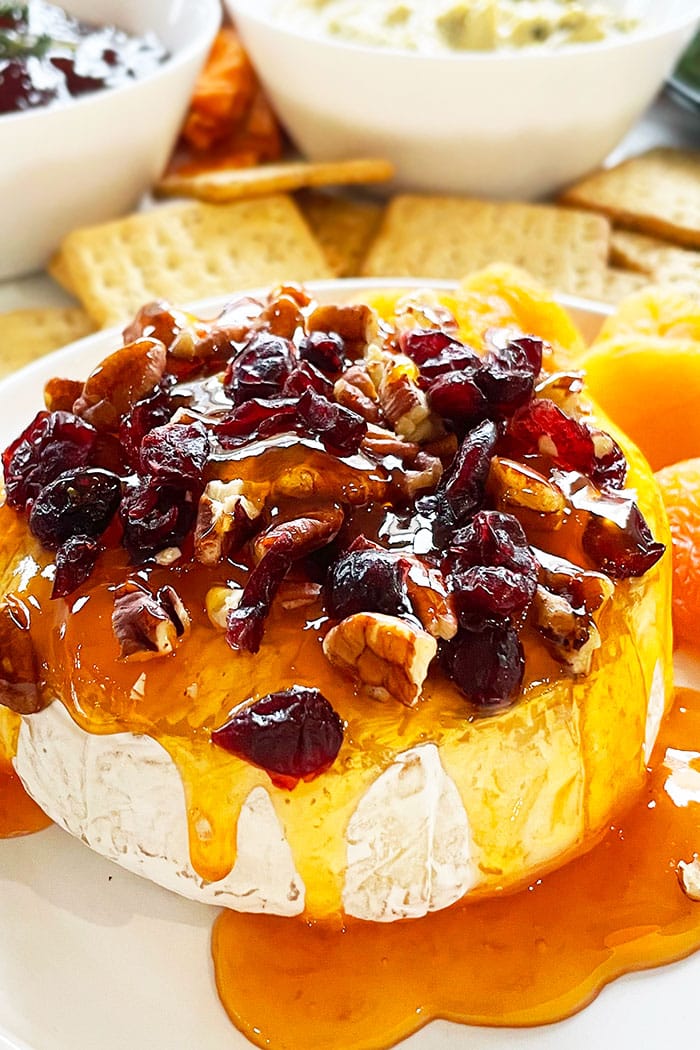 Easy Baked Brie With Jam and Cranberries on White Dish 