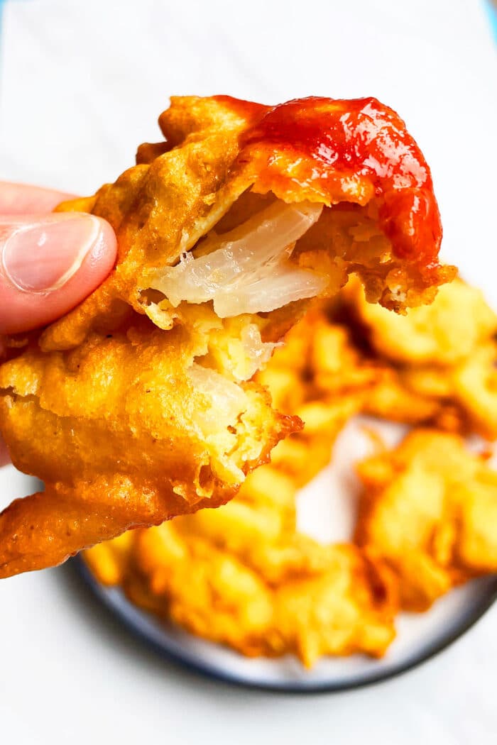 Partially Eaten Savory Vegetarian Fritter- Closeup Shot.