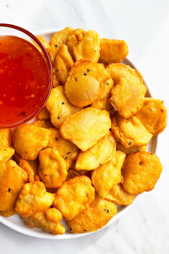 Easy Crispy Potato Fritters in White Dish- Overhead Shot.