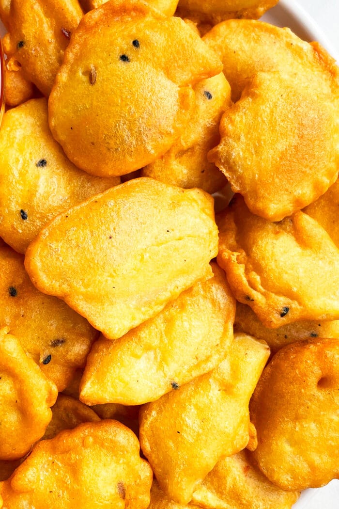 Closeup shot of battered potatoes.