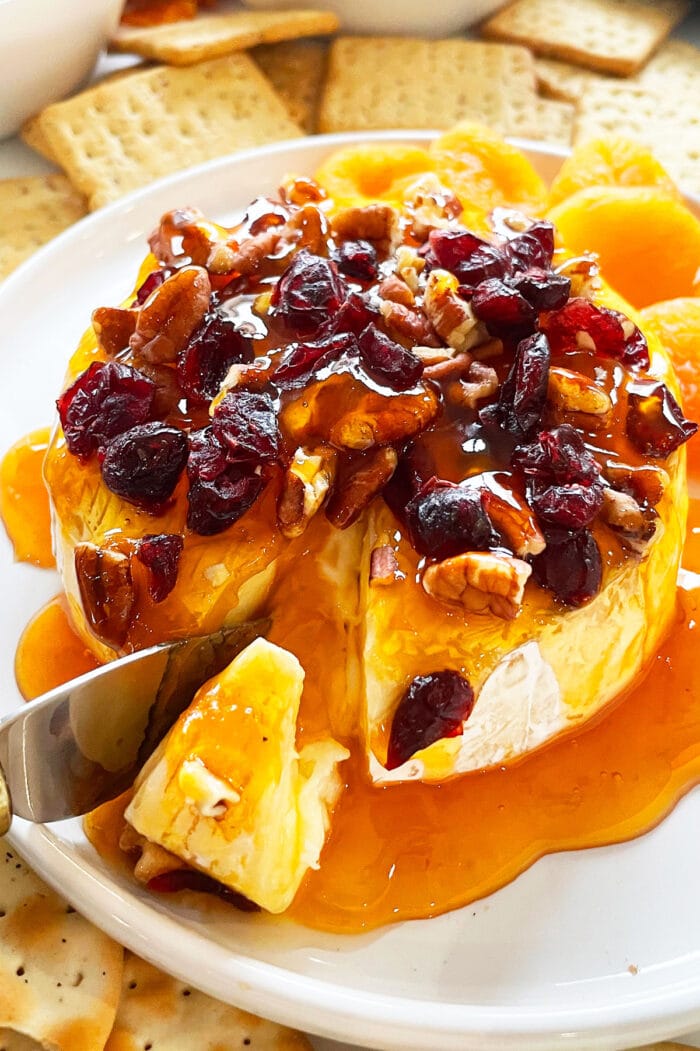 Sliced Melted Brie Appetizer With Cranberries, Walnuts and Apricot Jam Topping in White Dish.
