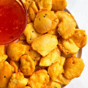 Easy Crispy Potato Fritters in White Dish- Overhead Shot