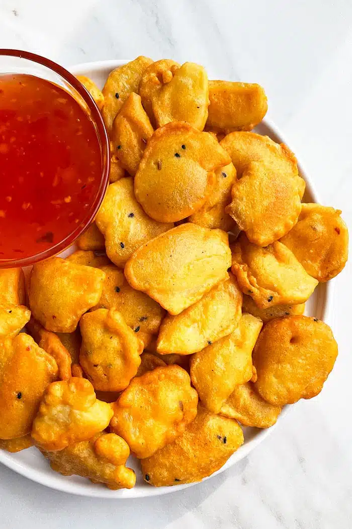 Easy Crispy Potato Fritters in White Dish- Overhead Shot