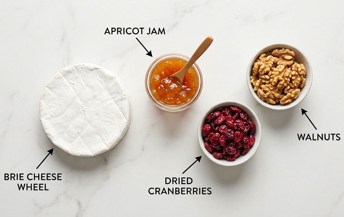 Ingredients for recipe on white marble background.