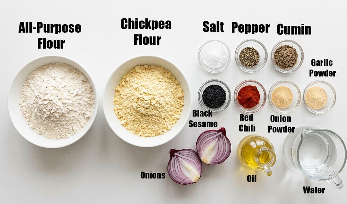 Ingredients for recipe on white background- seasonings, oil, onions, two types of flour, water.