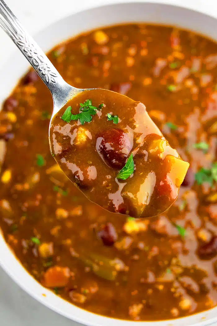 Spoonful of Ground Turkey Chili- Closeup Shot