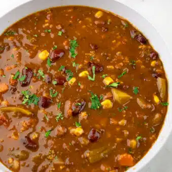 Easy Instant Pot Turkey Chili in Gray Bowl on White Background