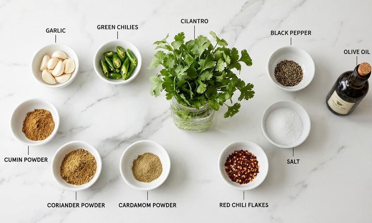 Ingredients for recipe on white marble background.