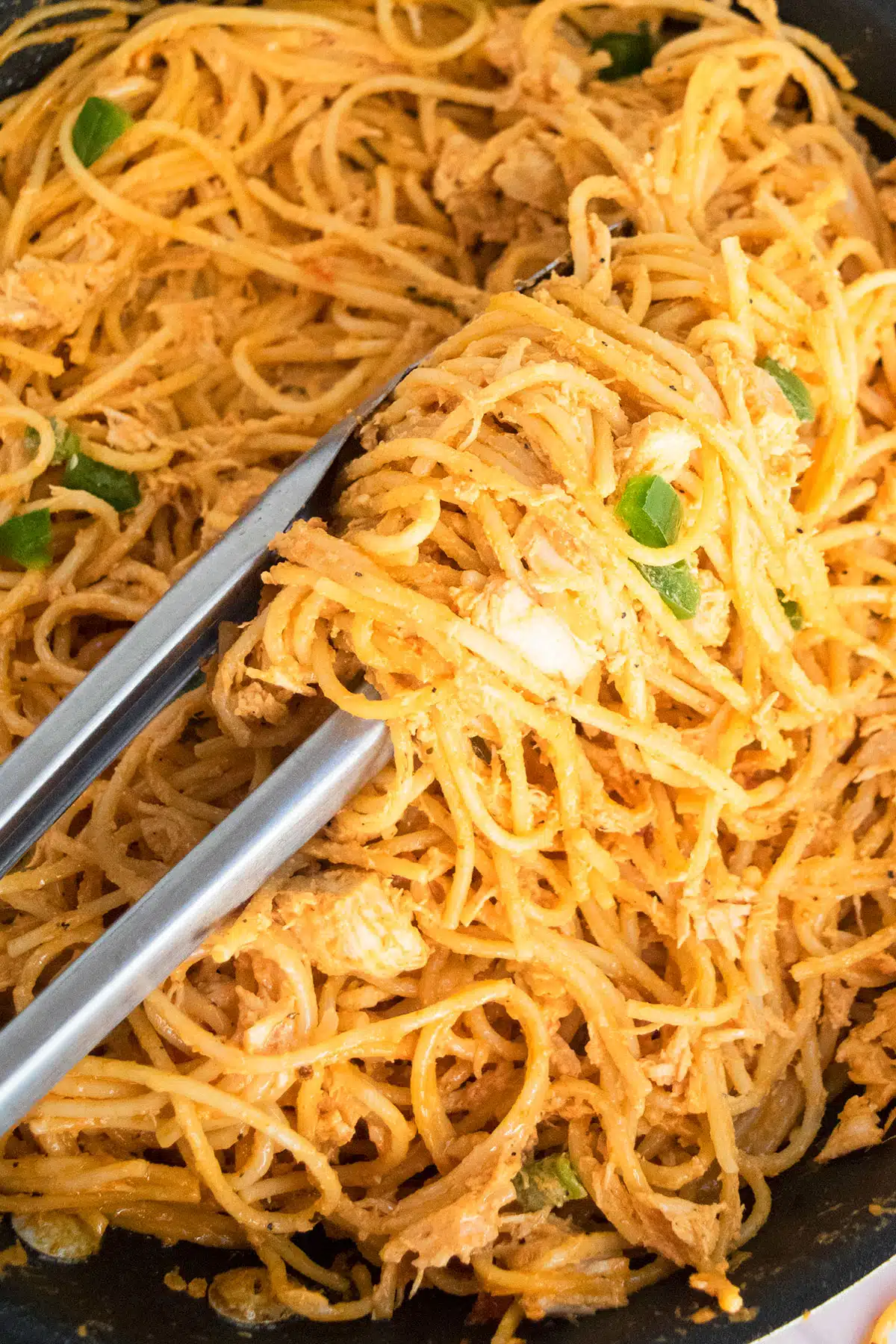 Closeup Shot of Creamy Chicken Pasta in Nonstick Pan. 