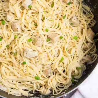 Creamy Garlic Chicken Pasta in Black Nonstick Pot.