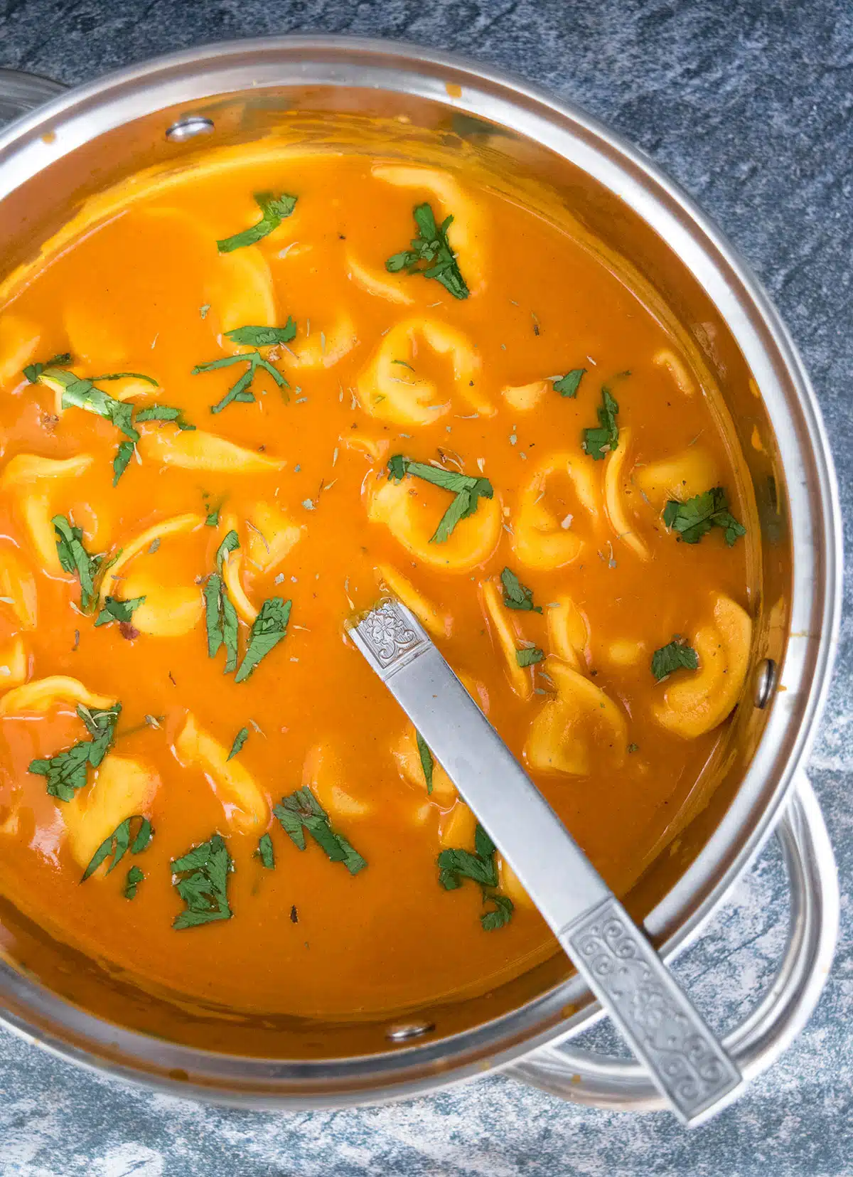 Homemade Soup With Tortellini in Stainless Steel Pot. 