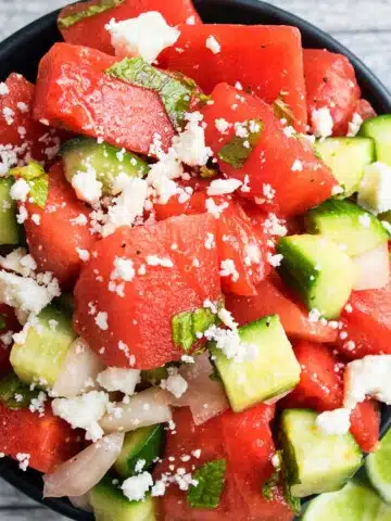 Easy Watermelon Salad in Black Bowl- Overhead Shot.