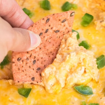 Closeup shot of tortilla scooping spicy baked Buffalo Chicken Dip.