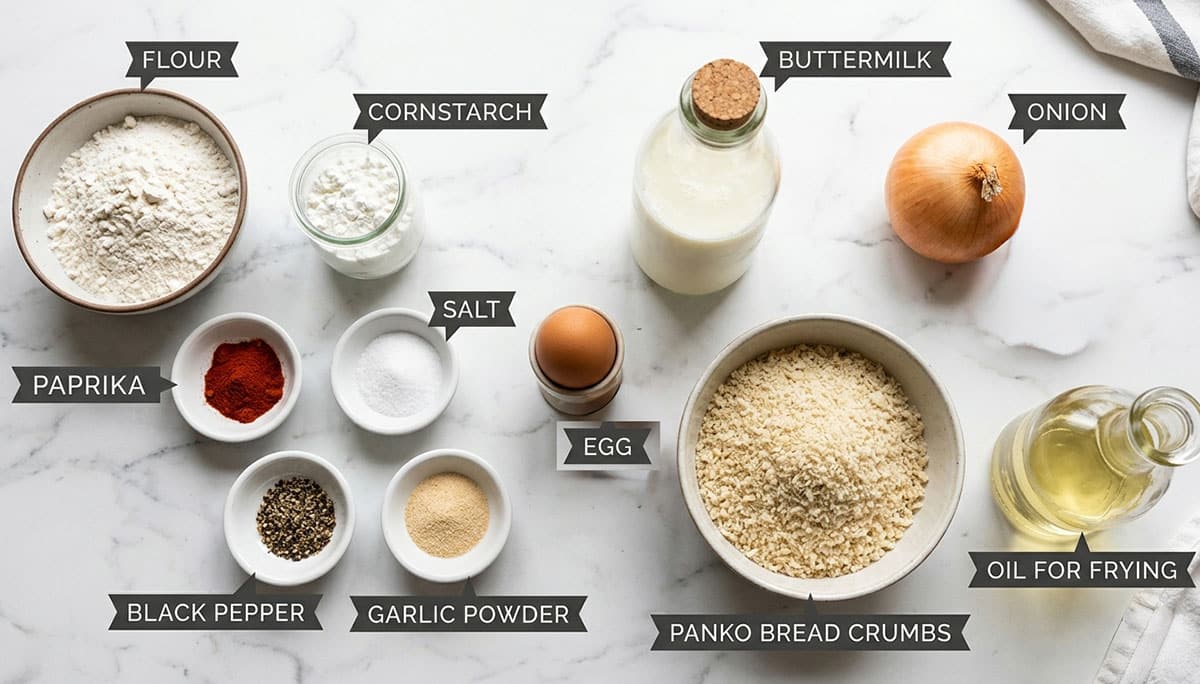 Ingredients for recipe on white marble background.