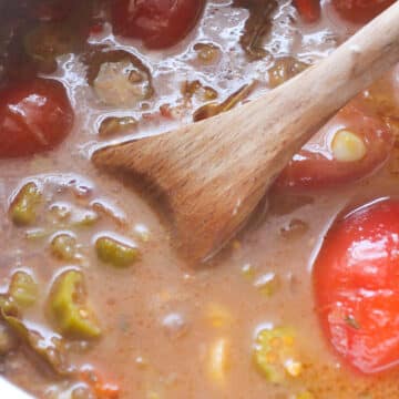 Broth and seasoning being mixed with other ingredients in large pot. 