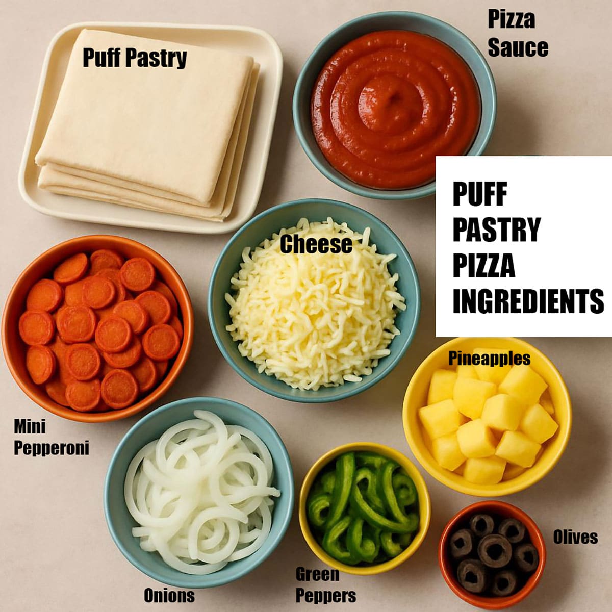 Individual ingredients on neutral beige background. 