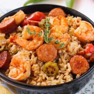 Bowl of final dish with closeup of sausage, shrimp and rice. 