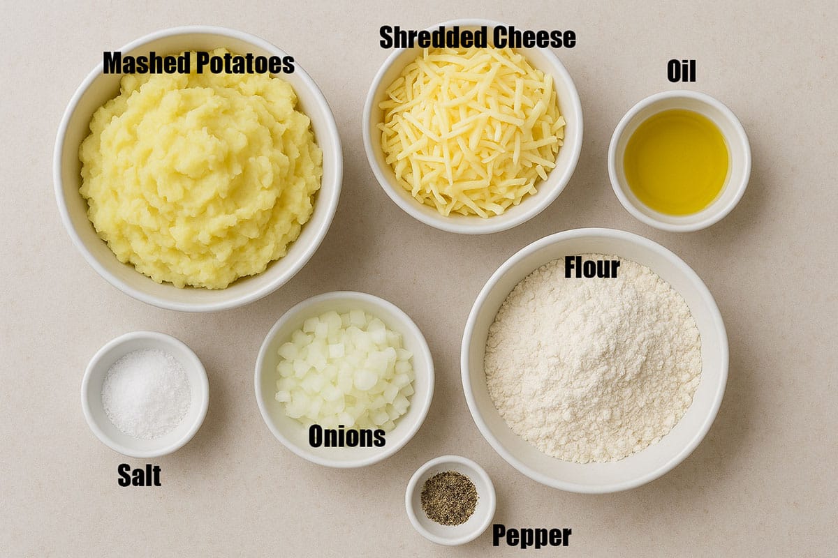 Ingredients in individual bowls on neutral light gray background.  