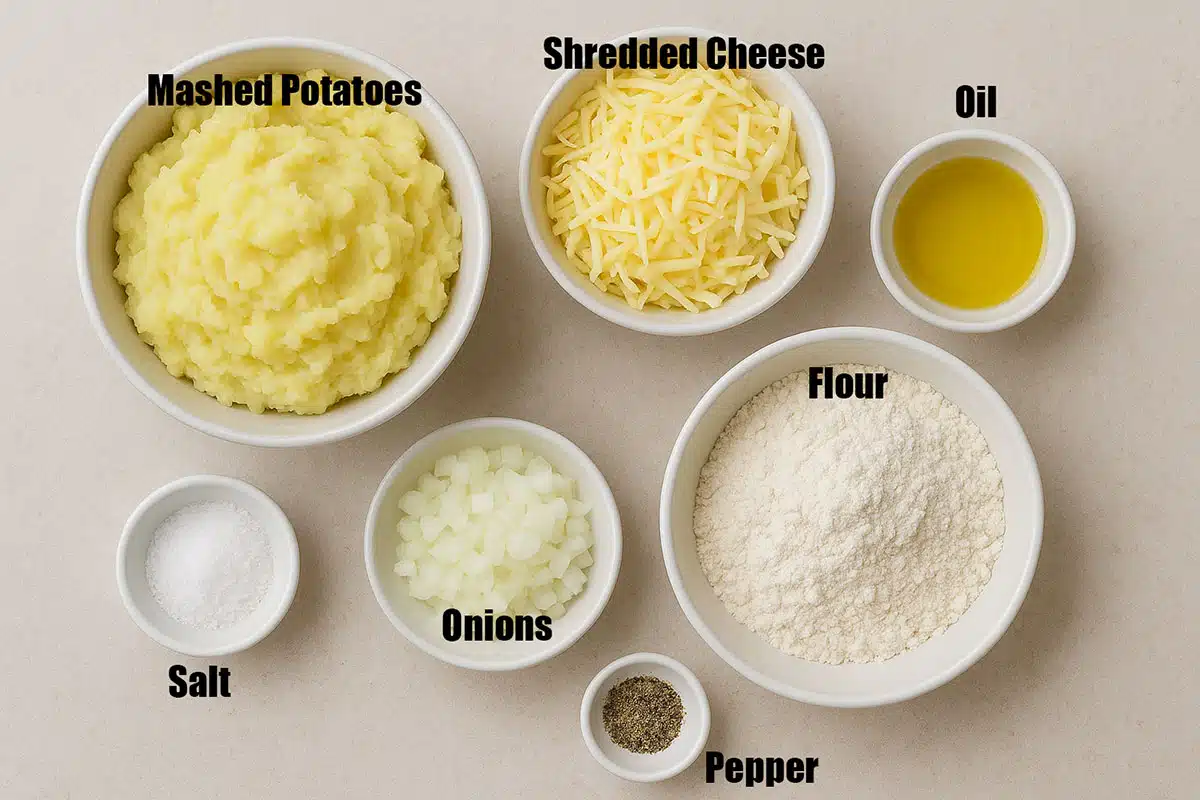 Ingredients in individual bowls on neutral light gray background.  