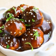 Easy one pot Asian meatballs (Korean meatballs) in white dish.