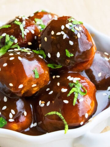 Easy one pot Asian meatballs (Korean meatballs) in white dish.