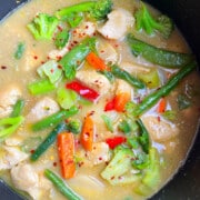 Overhead Shot of One Pot Thai Green Curry With Chicken and Vegetables.