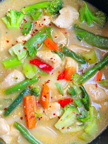 Overhead Shot of One Pot Thai Green Curry With Chicken and Vegetables.