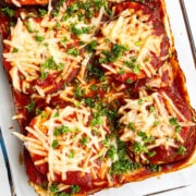 Easy One Pan Vegetarian Eggplant Lasagna Without Noodles or Meat in Glass Dish- Overhead Shot.