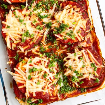 Easy One Pan Vegetarian Eggplant Lasagna Without Noodles or Meat in Glass Dish- Overhead Shot.