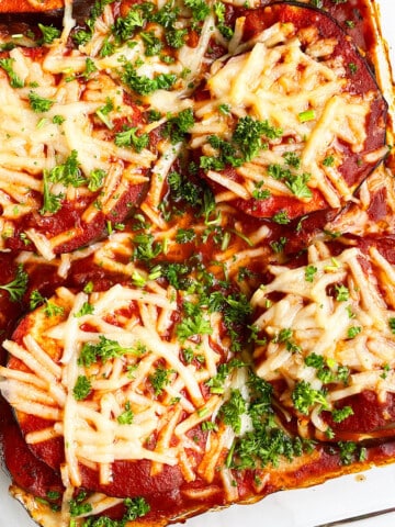 Easy One Pan Vegetarian Eggplant Lasagna Without Noodles or Meat in Glass Dish- Overhead Shot.