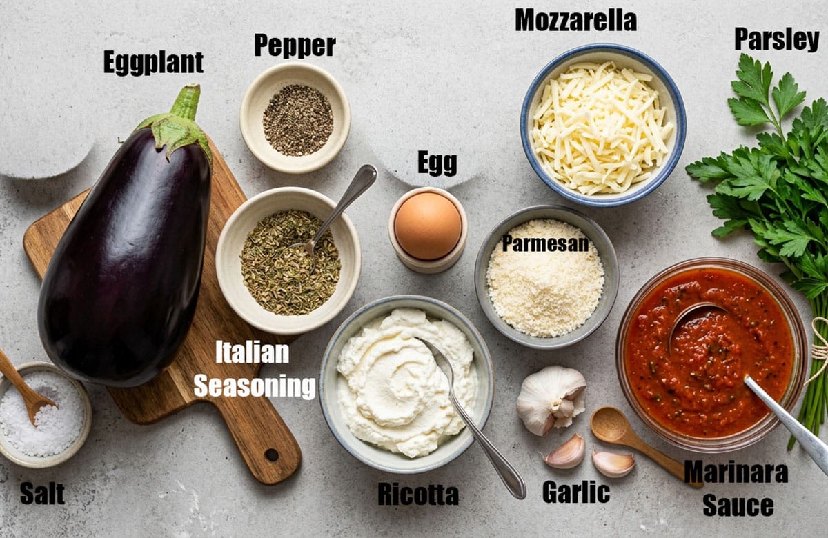 Ingredients for recipe on neutral dull gray background.