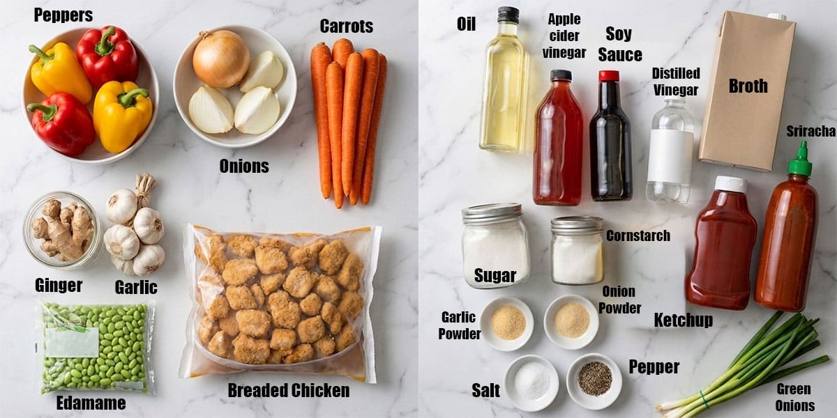 Ingredients for recipe on white marble background. 
