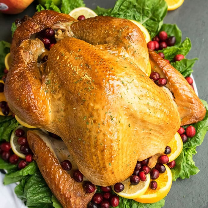 Overhead shot of Thanksgiving turkey on dish decorated with lettuce, cranberries and slices of citrus.